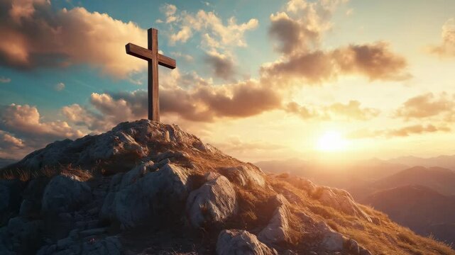 Christian cross on Calvary hill background at sunrise. Christianity and faith concept. Religious worship and religion. Church and pray. Easter holiday concept