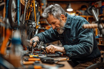 A mechanic focuses intently on fixing a bicycle, surrounded by various tools and bike parts in a cluttered workshop. The atmosphere reflects a dedicated workspace for repairs