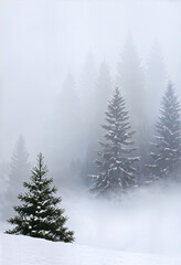 winter landscape with fir trees and fog