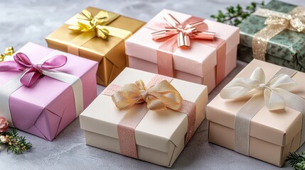 Elegant Collection of Colorful Gift Boxes with Decorative Ribbons and Bows on a Subtle Gray Background, Perfect for Celebrations and Special Occasions