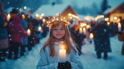 Young girl dressed as Saint Lucia with candle crown, leading a traditional procession in a snowy...