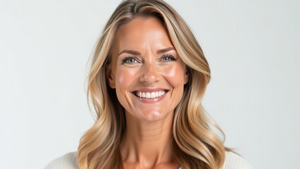 Naklejka premium Portrait of a smiling blonde stylish women, looking at camera, happy face, neutral background for cutout, horizontal