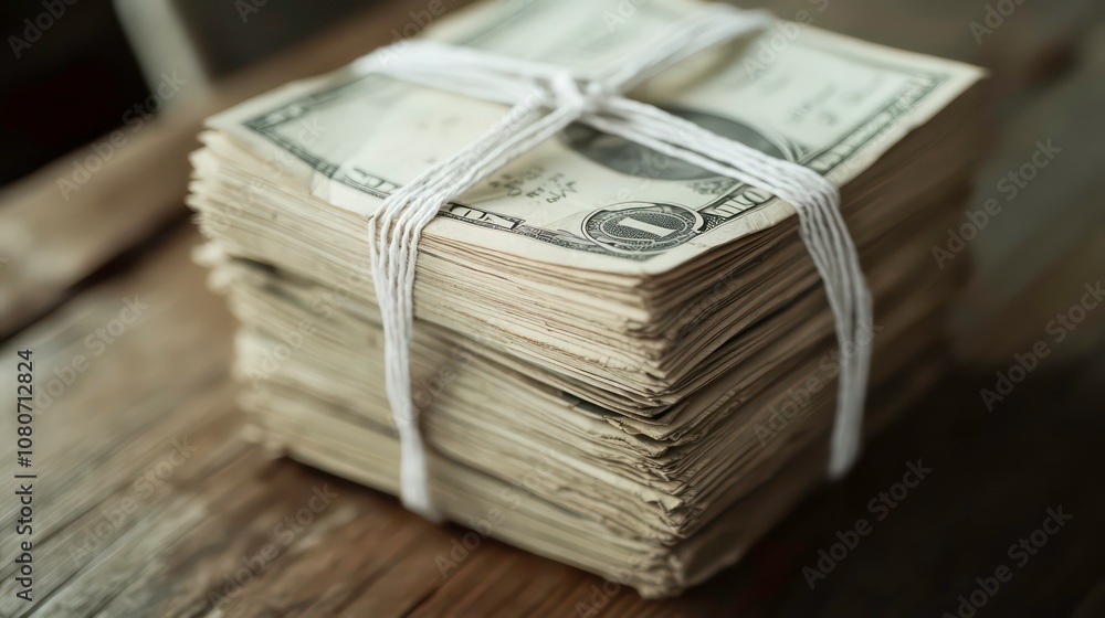 Aufkleber A stack of bills and a stack of paper with a white string tying them together, Insurance policy documents with dividends on the table.