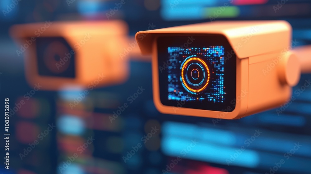 Aufkleber futuristic surveillance camera technology with vibrant digital interface showcasing security and mon