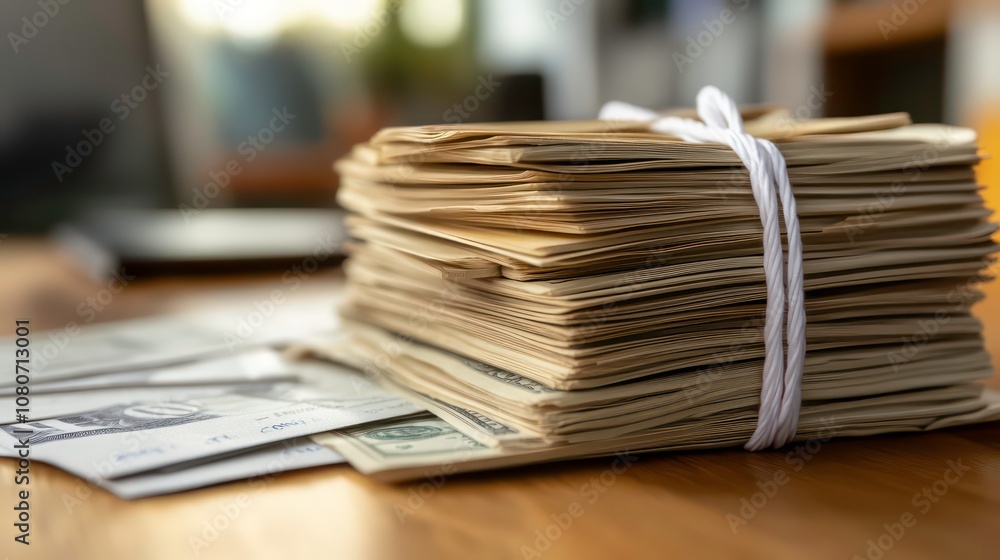 Aufkleber a stack of cash bundled with a white string sitting on a wooden table with dollar bills in the foreg