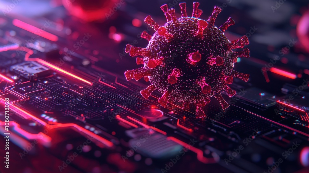 Poster digital representation of a virus structure overlaid on a futuristic circuit board, emphasizing tech