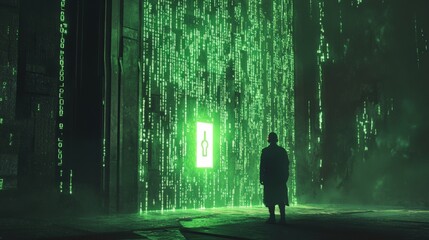 Person in silhouette with green digital matrix walls, exploring a virtual environment.
