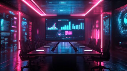 A sleek conference room with AI-powered assistants, holographic business charts projected on the wall, cool-toned neon lights, 3D render.