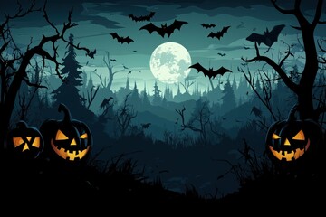 Halloween night with pumpkins, bats, full moon, eerie forest, spooky atmosphere