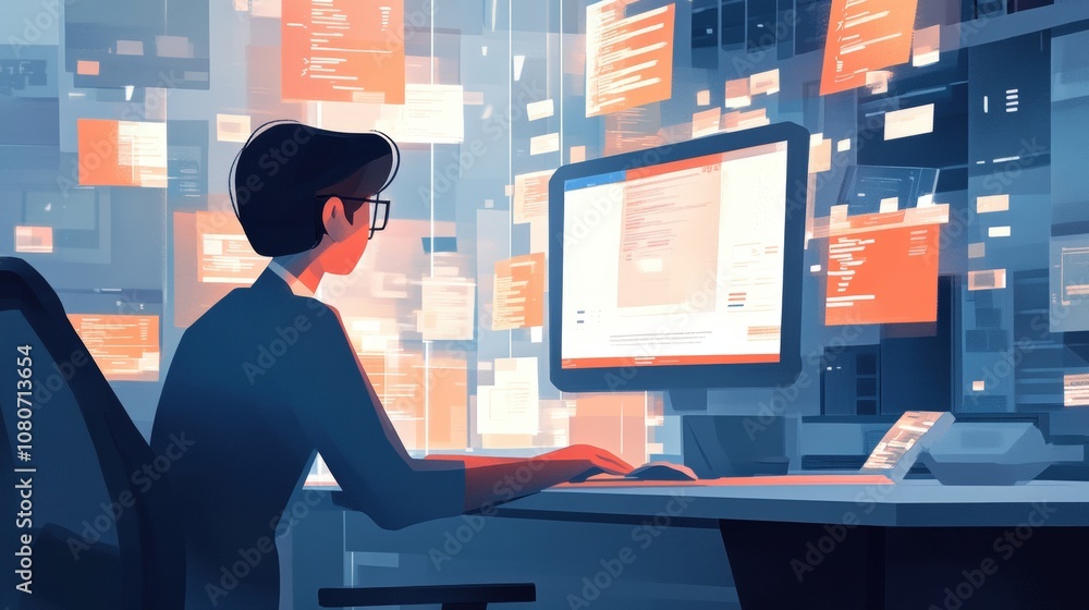 Poster person working at computer surrounded by data in futuristic tech environment.