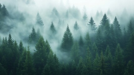 Fototapeta premium A serene view of a dense forest shrouded in mist and fog.