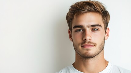 Fototapeta premium Young man with light brown hair and a well-groomed beard, displaying a calm expression against a minimalist light backdrop, exuding confidence and approachability in casual wear.