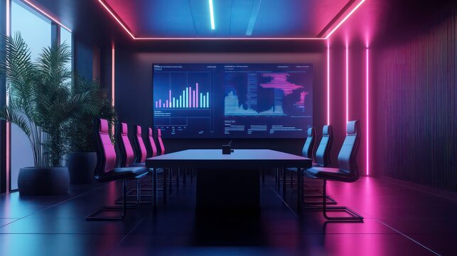 Modern conference room with neon lights and a large screen displaying data. - Powered by Adobe