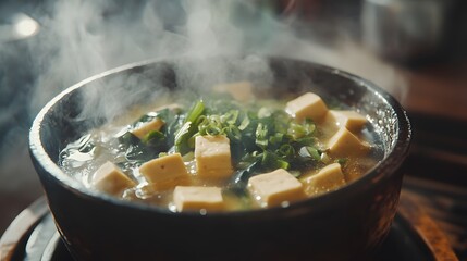 A close-up of a miso soup bowl with tofu cubes, green onions, and seaweed, capturing the steam and rich broth color in vivid detail. Cinematic Scene, 4k resolution, cinematic scene