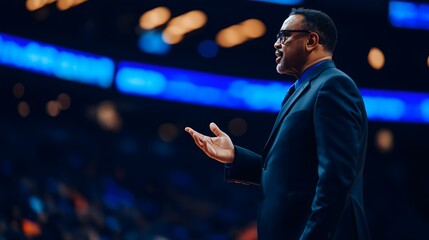 A focused coach passionately interacting with players during a game, showcasing leadership and strategy in action.