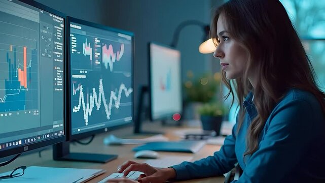 Businesswoman Analyzing Data on Multiple Computer Monitors in a Modern Office