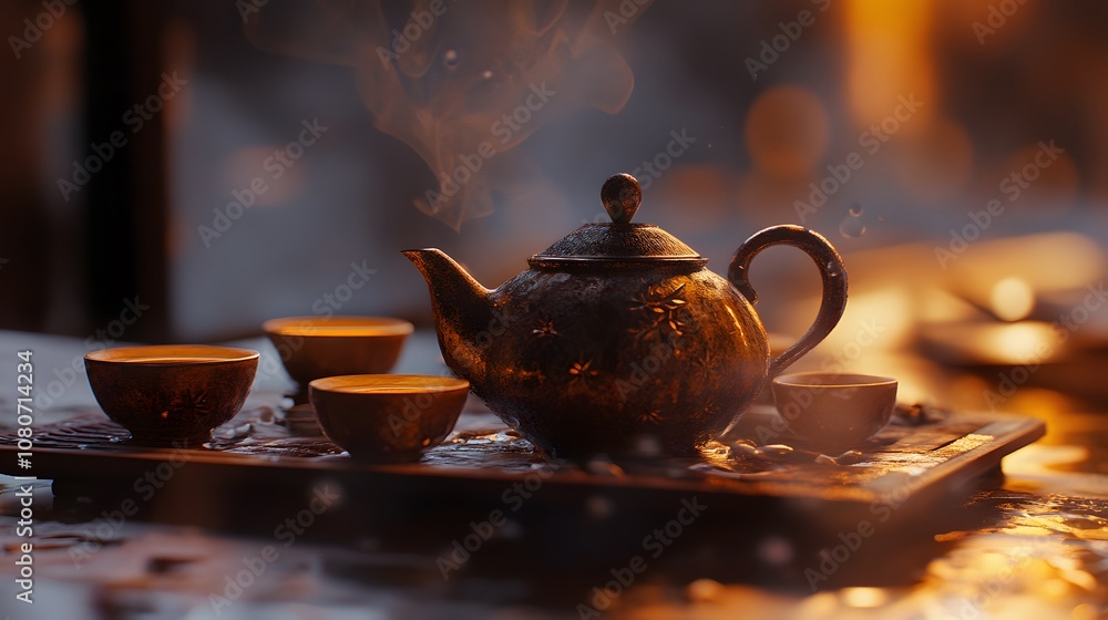 Poster a close-up of an intricate tea set with a small kettle and tiny cups, capturing the delicate texture