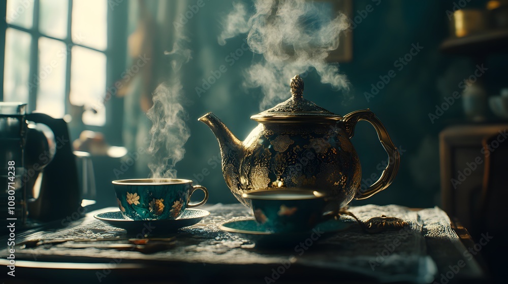 Poster a close-up of an intricate tea set with a small kettle and tiny cups, capturing the delicate texture