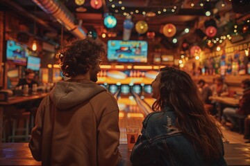 Obraz premium A couple sits side by side at a bowling alley, engaged in conversation while sipping drinks. The atmosphere is lively, illuminated by colorful lights and screens