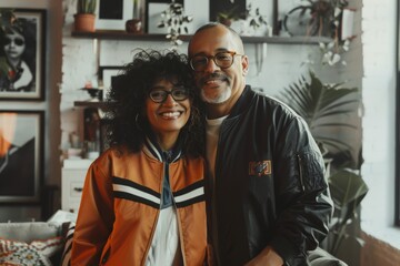 Fototapeta premium Portrait of a blissful latino couple in their 40s sporting a stylish varsity jacket isolated on modern minimalist interior