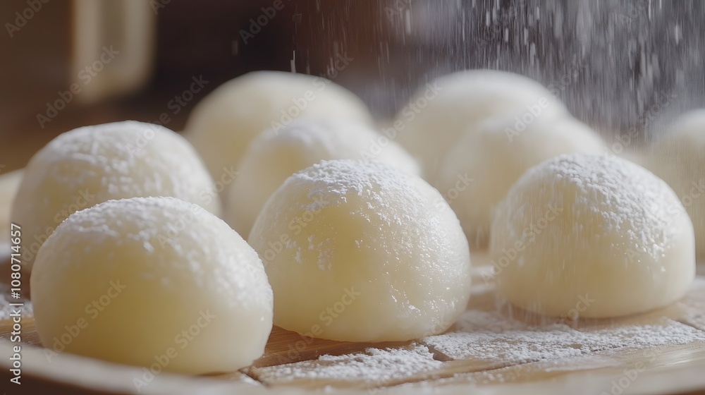 Poster a macro view of freshly rolled mochi with a dusting of rice flour on each soft, chewy surface, creat