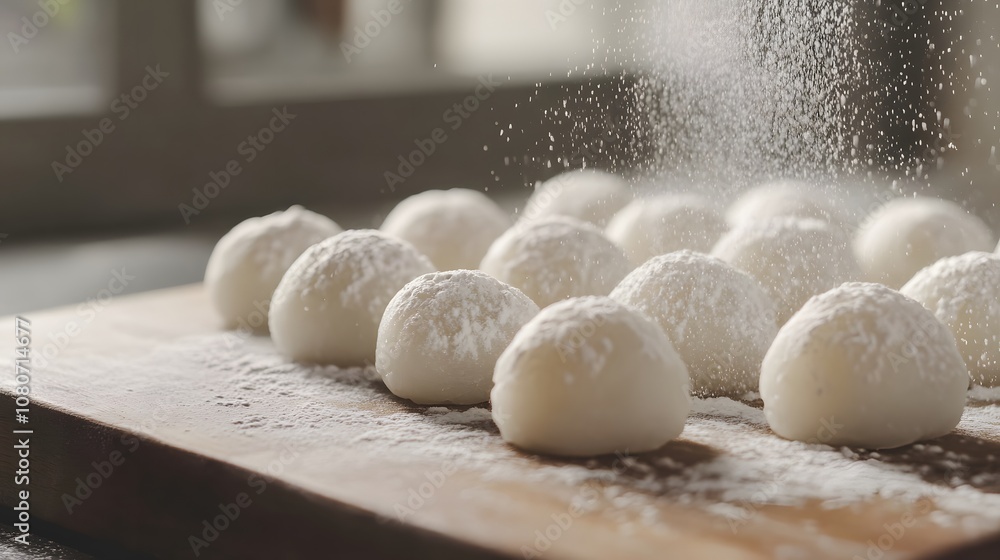 Poster a macro view of freshly rolled mochi with a dusting of rice flour on each soft, chewy surface, creat