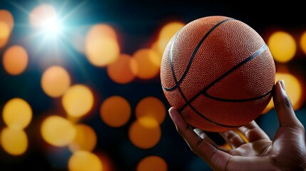 A hand holding an orange basketball against a backdrop of glowing bokeh lights, showcasing motion and excitement in sports.