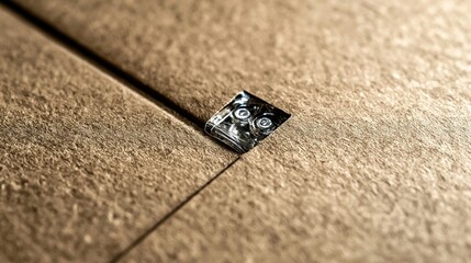 Close-up of a bubble embedded look like eye in a cardboard surface, showcasing technology integration in unexpected materials