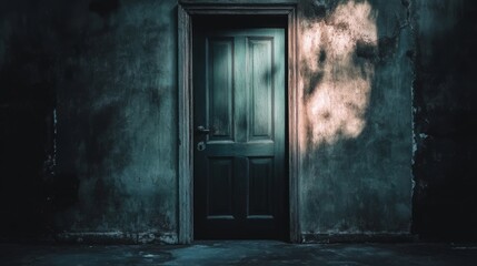 A black door with a wooden frame is standing in front of a wall. The door is open and the sunlight is shining on it. Scene is eerie and mysterious