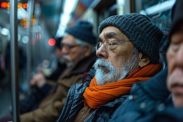 Obraz premium An elderly man with glasses and a warm scarf is peacefully resting on a crowded subway train. The atmosphere reflects a chilly winter evening as other passengers nearby sit quietly