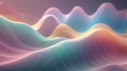 Fototapeta premium A 3D illustration of sound waves visualized as translucent, colorful waves flowing through a serene space. The waves should blend in soft, pastel colors and appear to pulse with gentle light