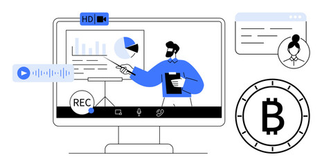 Person presenting financial charts on screen with video conferencing tools, chat, and Bitcoin symbol. Ideal for remote work, financial tech, cryptocurrency, webinars, virtual meetings, online