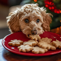 "A playful scene with a dog munching on Christmas cookies from a red plate, adorned with festive cookie shapes like stars, trees, and snowflakes.perfect for capturing whimsical holiday moments."