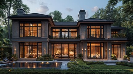 Fototapeta premium Elegant modern house with large windows and a pool at dusk.