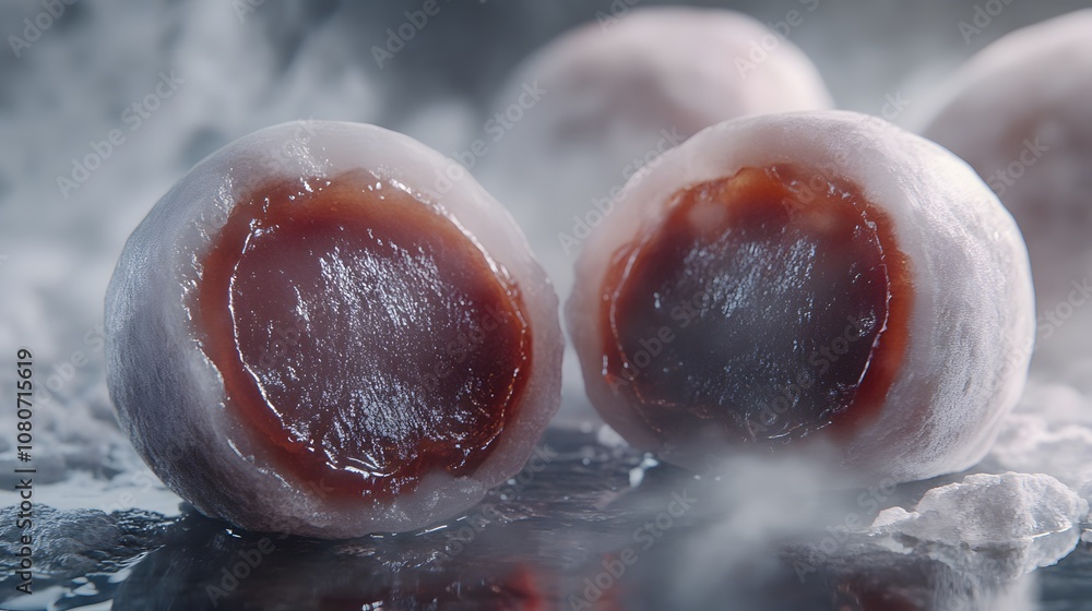 Poster a macro view of red bean paste-filled mochi cut open to show the soft, chewy texture and rich fillin
