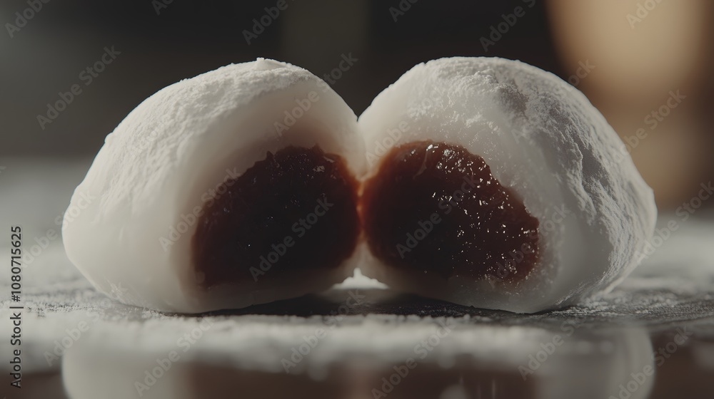 Poster A macro view of red bean paste-filled mochi cut open to show the soft, chewy texture and rich filling. Cinematic Scene, 4k resolution, cinematic scene