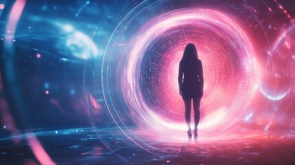 Silhouette of woman standing before a futuristic glowing portal in a sci-fi landscape.