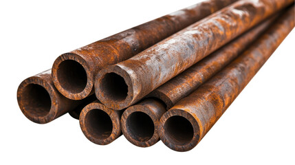A stack of rusty pipes with a white background. transparent background