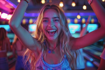 A young woman, full of joy, raises her hands in celebration at a vibrant bowling alley filled with colorful lights. Friends can be seen enjoying their time in the background