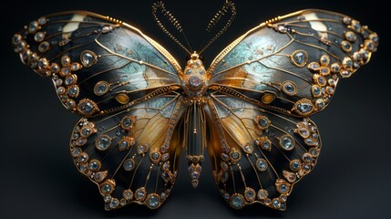 Fototapeta premium A beautifully crafted butterfly sculpture adorned with jewels and detailed patterns, against a striking dark background highlighting its artistry