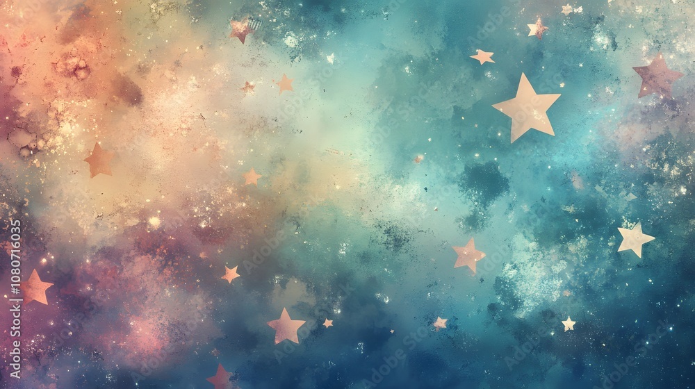 Poster an abstract digital art piece with layered star elements in a combination of soft pastels and metall