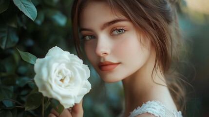 Naklejka premium Charming young girl with perfect skin. Girl with rose.