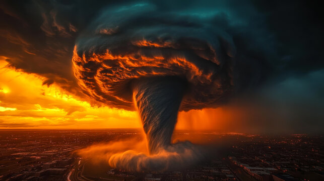 A dramatic storm with swirling clouds and vibrant lightning over a city skyline during sunset evokes a sense of awe and tension