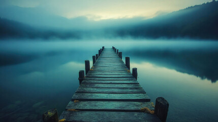 Obraz premium A misty dawn at the wooden pier stretching into the calm waters of a serene lake surrounded by distant mountains