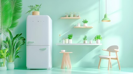 Compact apartment kitchen with an open refrigerator, a chair nearby, cozy vibe with natural lighting and small decorative touches on shelves