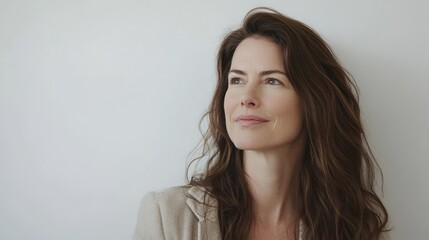 Naklejka premium Thoughtful woman with long, wavy hair gazing upward, reflecting on life experiences, standing against a neutral background in a professional outfit, exuding confidence and serenity