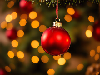 Red Christmas ornament hanging from a tree branch with sparkling golden lights in the background during the holiday season