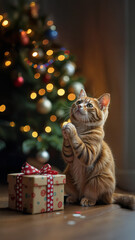 Cute cat folded its paws in prayer near the Christmas tree.