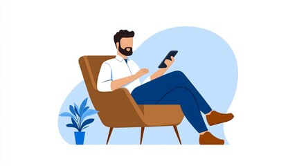 A relaxed man sitting in a chair, using a smartphone, surrounded by a plant, with a modern design backdrop.