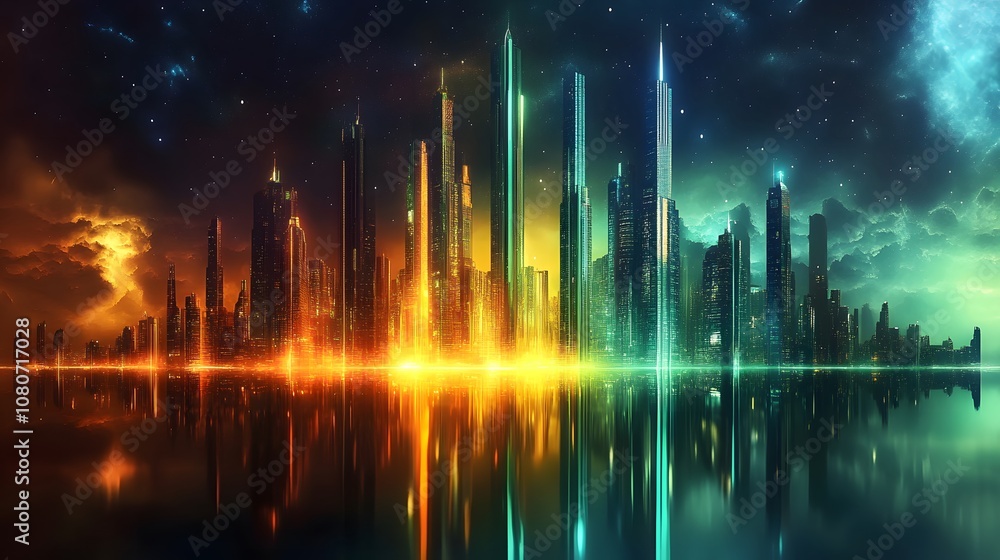 Poster an abstract sci-fi cityscape with towering metallic buildings and neon lights reflecting on a smooth